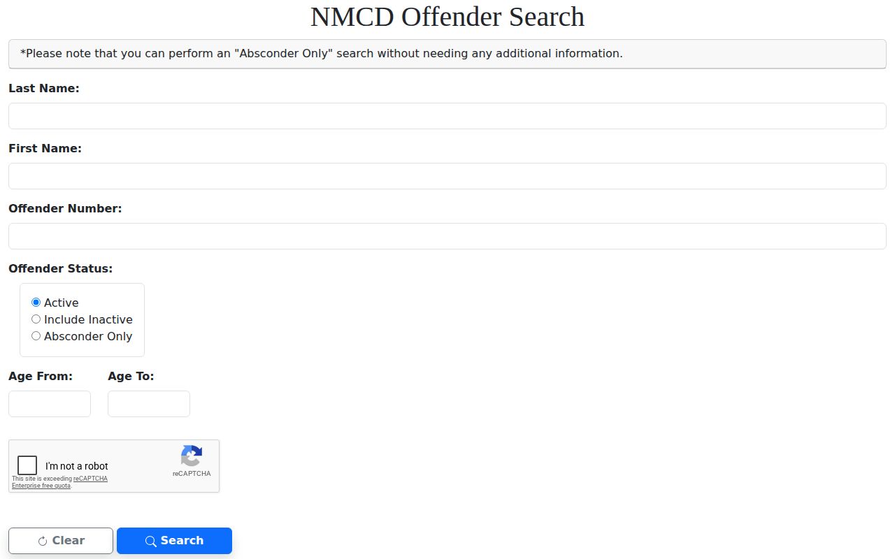 Quay County parole and probation search controls in the NMCD offender search